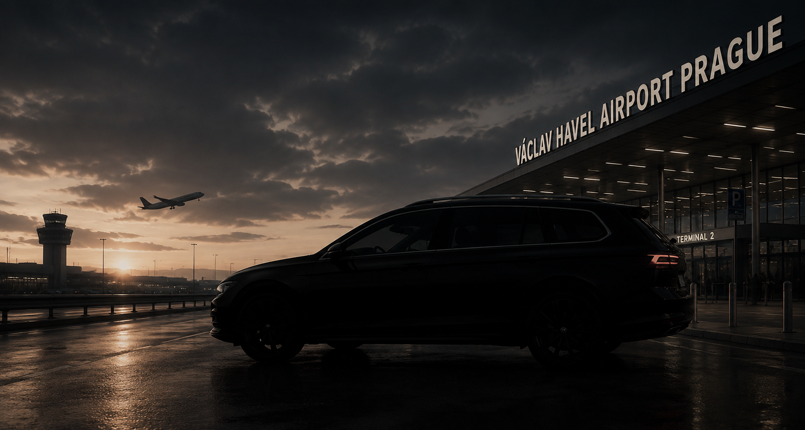 Černý Volkswagen Passat Variant před terminálem letiště Václava Havla Praha